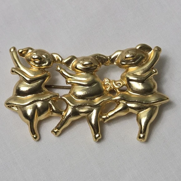Dance Pig Brooch Gold Tone 3 Pigs Brooch Pin - Picture 2 of 12